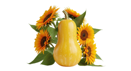 Isolated Butternut Squash Composition with Yellow Sunflowers in Autumn Time, Food & Floral