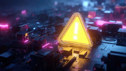Glowing yellow warning sign with exclamation mark on futuristic circuit board, illuminated by neon pink and blue lights. Digital alert.