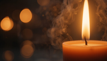 Closeup of a burning candle with a soft glow and bokeh background