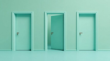 Three open doors painted in mint green stand against a matching mint green wall and floor,