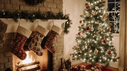 Cozy Christmas Scene with Fireplace and Decorated Tree.