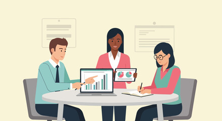 Dynamic team collaborating on data insights, reviewing charts and graphs for business growth, fostering teamwork and strategic decisions in a modern workplace