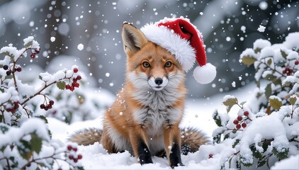 Obraz premium Adorable fox cub wearing a Santa hat in a snowy winter wonderland, festive holiday concept