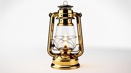 A high-quality product photograph of a vintage brass oil lantern against a pure white background
