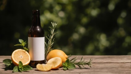 Refreshing Lemonade Bottle with Citrus and Herbs on Wooden Table.