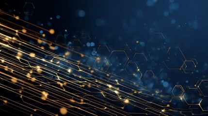 An abstract blue fiber optic background highlights digital network data communication with shimmering light spots and interconnected tech cables