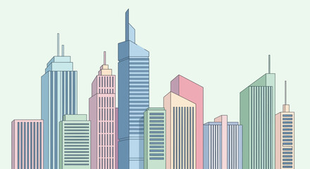 Colorful cartoon cityscape with modern skyscrapers, perfect for urban planning presentations or architectural design websites, originally vector graphics