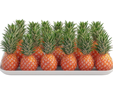 Multiple ripe pineapples arranged closely together on a white rectangular tray