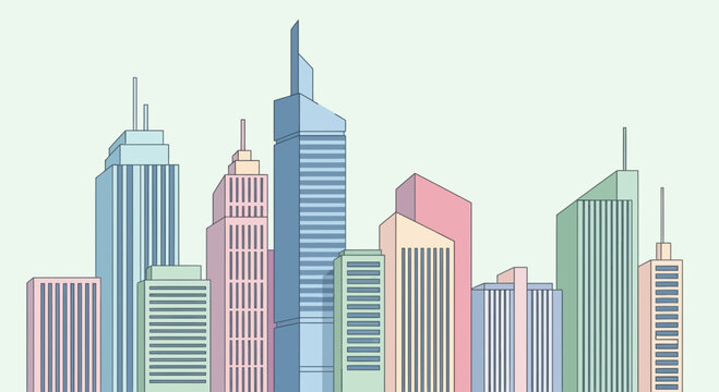 Colorful cartoon cityscape with modern skyscrapers, perfect for urban planning presentations or architectural design websites, originally vector graphics