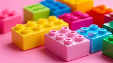 Fototapeta premium Vibrant plastic building blocks scattered on a soft pink background, showcasing a playful array of colorful construction toys in various sizes and hues