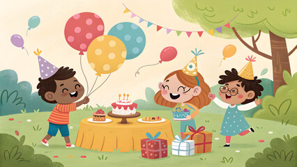 Joyful children celebrating birthday outdoors with balloons, cake, gifts in playful vector style