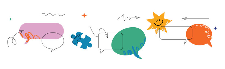 Abstract, vivid doodle set of communication bubbles and design elements. Symbols of thoughts, brainstorm, and collaboration.