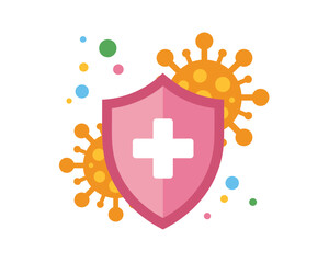 Pink shield with cross protecting from virus icons and small dots