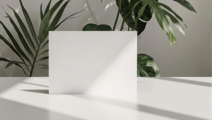 Minimalist white square card with plants in the background.