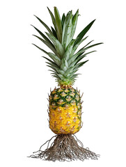 Fototapeta premium Pineapple with leaves and roots displayed on black background, isolated view