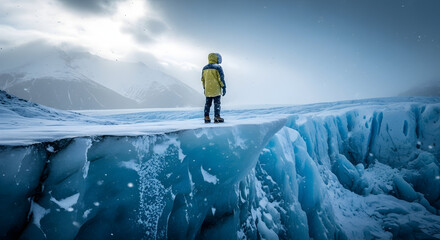 A person in a yellow jacket stands on the edge of a vast blue glacier overlooking a cold, mountainous landscape under a cloudy sky.