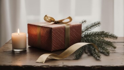 Cozy Christmas Gift with Candle and Evergreen Branch.