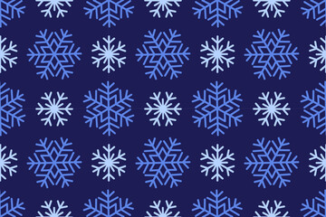 Seamless pattern with blue snowflakes on a dark background. Clean designs. Hand drawn trendy flat style. Perfect for winter decor, holiday wrapping paper, textiles, backgrounds, and festive designs