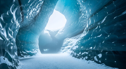 A stunning view inside a glacial ice cave with a bright opening, showcasing the beauty of nature.