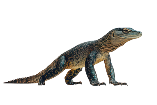 Reptile walks. Textured skin, head, and tail in view against black