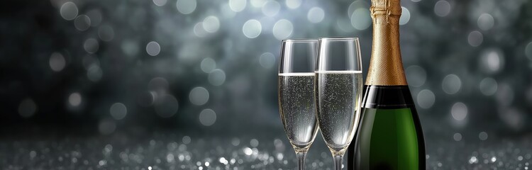 new year's eve party with a champagne bottle and glasses on a sparkling background, banner design. 