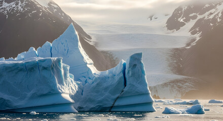 Majestic iceberg formations illuminated by the golden hour sun, with a vast glacier and snow-capped mountains in the background.