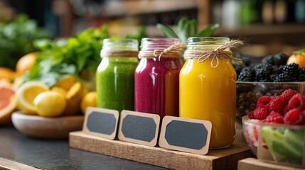 Freshly made smoothies in vibrant colors stand proudly on a rustic wooden counter surrounded by a bounty of fruits and greens, perfect for health enthusiasts and food lovers alike.