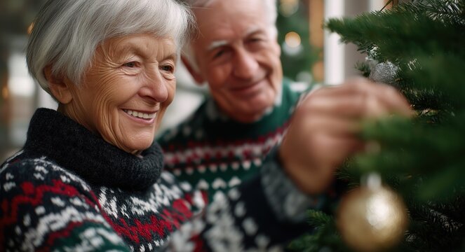 smiling senior couple in christmas sweaters decorating their tree at home - Powered by Adobe