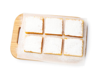 Tasty lemon bars with powdered sugar isolated on white, top view