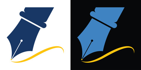 Elegant fountain pen nib icon with creative golden stroke, minimalist writing and calligraphy symbol in dual color variations for branding and design use