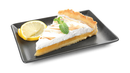 Slice of tasty lemon meringue tart with mint isolated on white