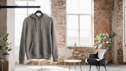 Gray hoodie hanging in a room with brick wall and chair.