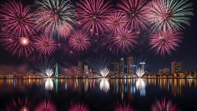 Spectacular fireworks illuminate the night sky over the city skyline, reflecting in the water, perfect for celebrations and vibrant events