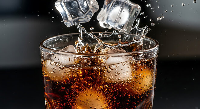Refreshing cola drink with ice cubes splashing into a glass on a dark background