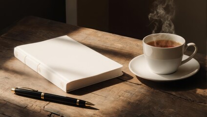 Steaming cup of tea next to a blank book and pen in warm morning sunlight.