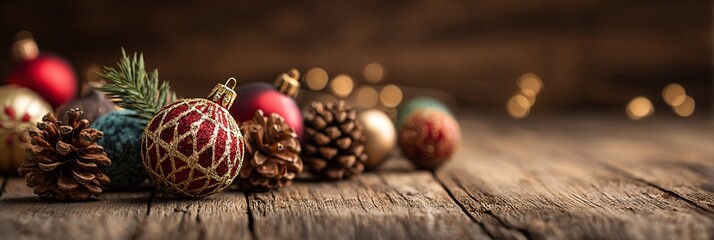 Festive Christmas ornaments and pine cones scattered on rustic wooden surface, creating warm and nostalgic holiday atmosphere with soft bokeh lights in background