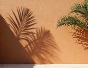 Terracotta wall with palm leaf shadow and green plant. Sunlight creates abstract pattern on textured surface. Minimal summer background for design.