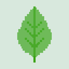 Pixel art green leaf icon with simple vein pattern on soft pale background