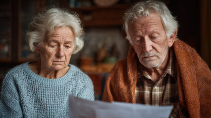 Elderly couple intently reading documents with worried expressions, seemingly facing financial or personal challenges together at home.