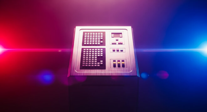 An abstract composition features a central control panel illuminated by vibrant red and blue lights, evoking a sense of technological advancement and precision.