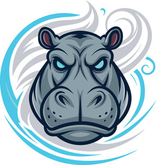 Fierce hippopotamus head mascot with glowing eyes and water swirls