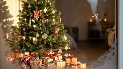 Festive Christmas morning scene with decorated tree and presents creating warm holiday cheer, perfect for family celebrations and seasonal marketing campaigns