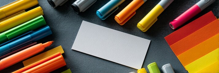 Colorful markers and vibrant paper sheets arranged artistically on a black background, providing a bright backdrop for creative projects or artistic endeavors.