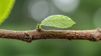 Vibrant Green Leaf Emerging from Branch with Raindrops Detail