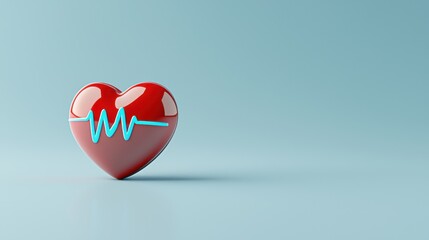 Minimalist 3D Red Heart with Blue Line on Soft Blue Background