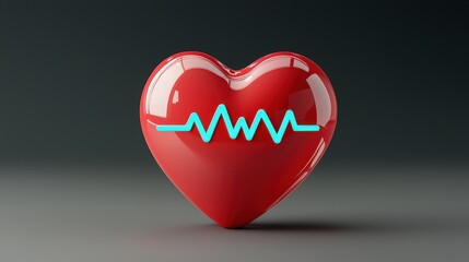 Minimalist 3D Red Heart with Mirror Finish and Blue Line Design