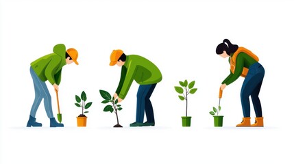 Minimalistic Flat Vector Illustration of People Planting Young Plants