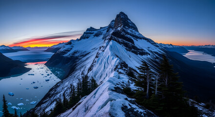 Majestic snow-capped mountain peak illuminated by the warm glow of sunrise, with a serene glacial lake below.