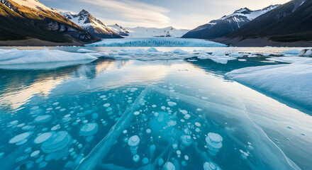 A beautiful glacial lake with trapped bubbles in turquoise ice, reflecting mountains and a glacier under a clear sky.