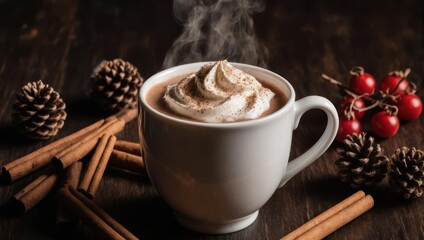 Cozy Hot Chocolate with Whipped Cream and Cinnamon Sticks.
